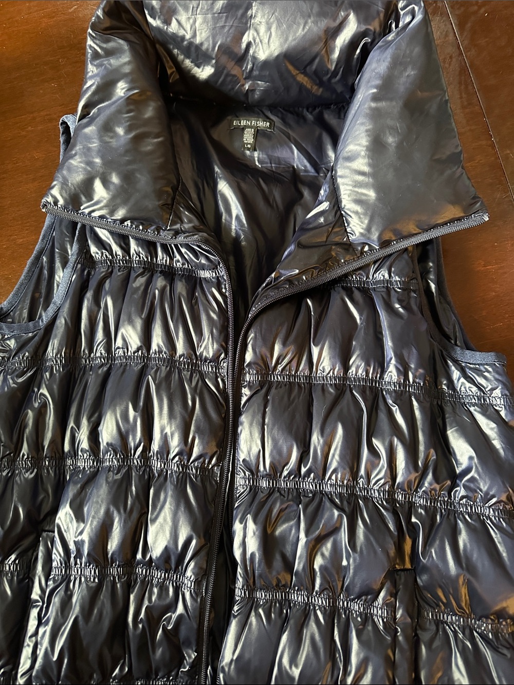 Eileen Fisher Shiny Black Quilted Puffer Vest with High Collar
